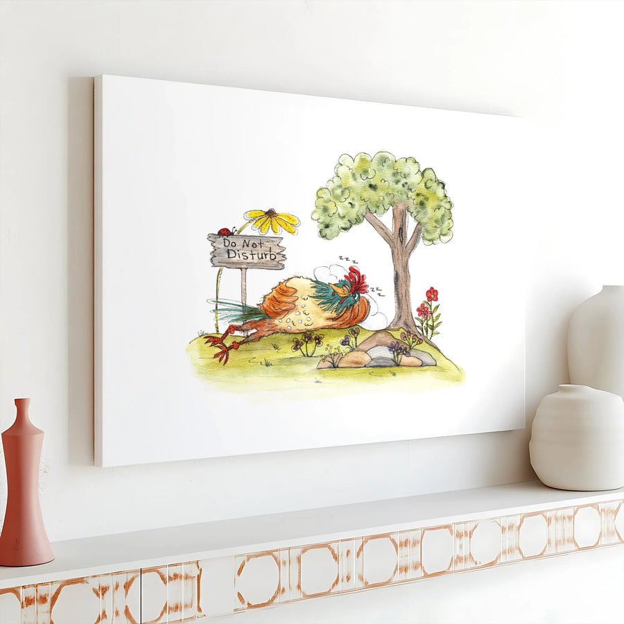 Sleeping Rooster Canvas Print | Whimsical 'Do Not Disturb' Watercolor Art | Premium Thick Gallery Wrap | Farmhouse Kitchen Decor Gift