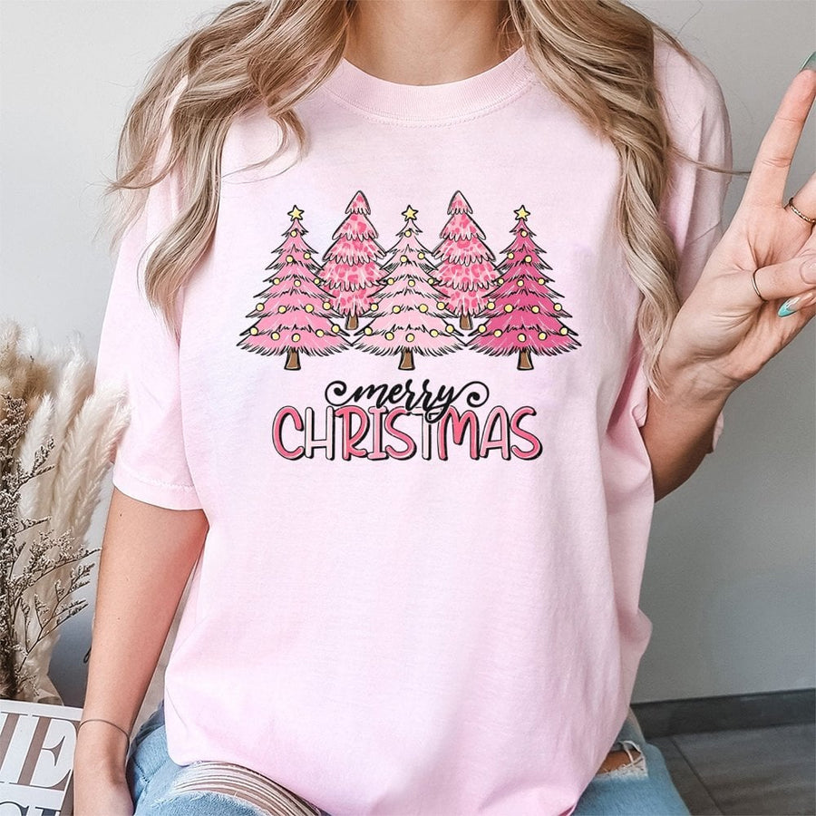 Merry Christmas T-Shirt | Pink Leopard Print Holiday Trees | 100% Cotton Premium Tee | Cute Festive Gift for Women & Girls