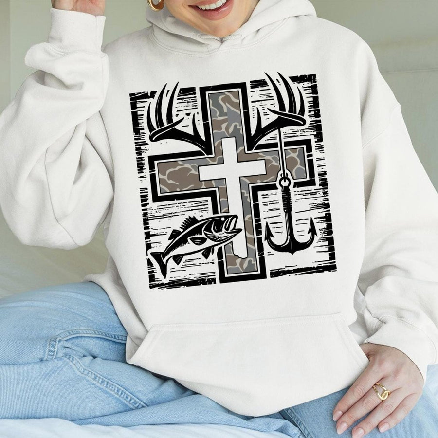 Camo Cross Hunting Hoodie | Deer Antler and Fishing Hook Graphic | Premium Cotton Blend | Gift for Outdoorsman and Country Lifestyle Fans