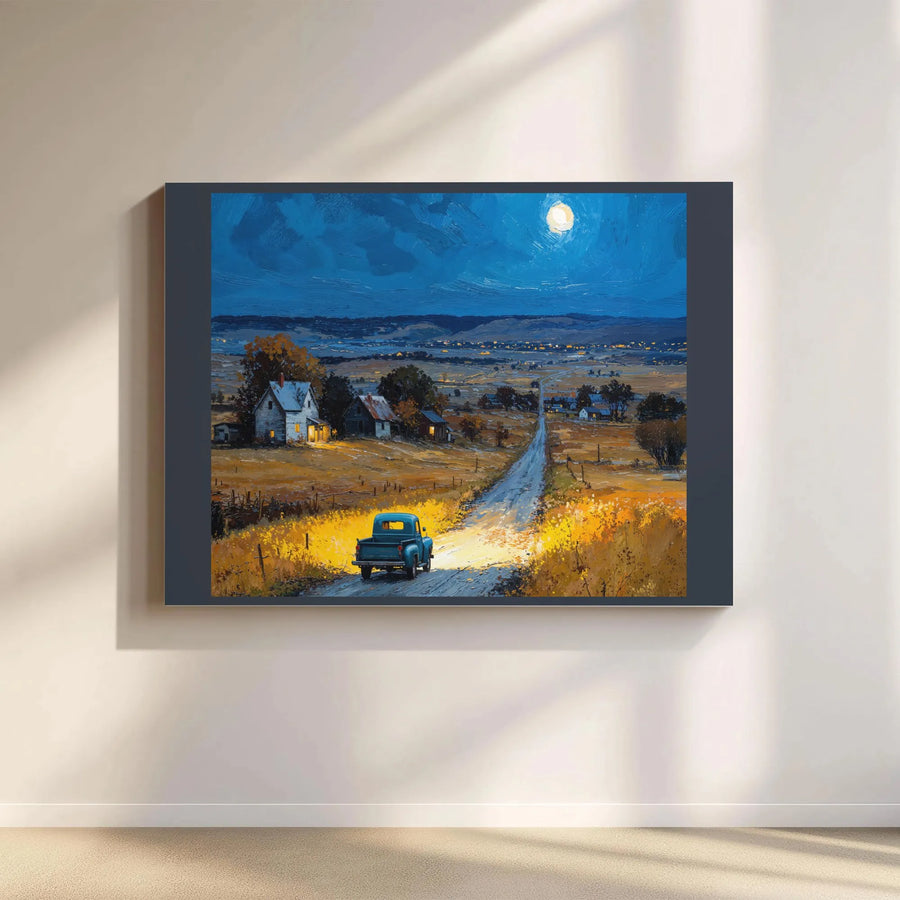 Blue Truck Country Landscape Canvas Art | Rustic Farmhouse Moonlight Scene | Gallery Wrap Premium Print | Cozy Wall Decor Gift