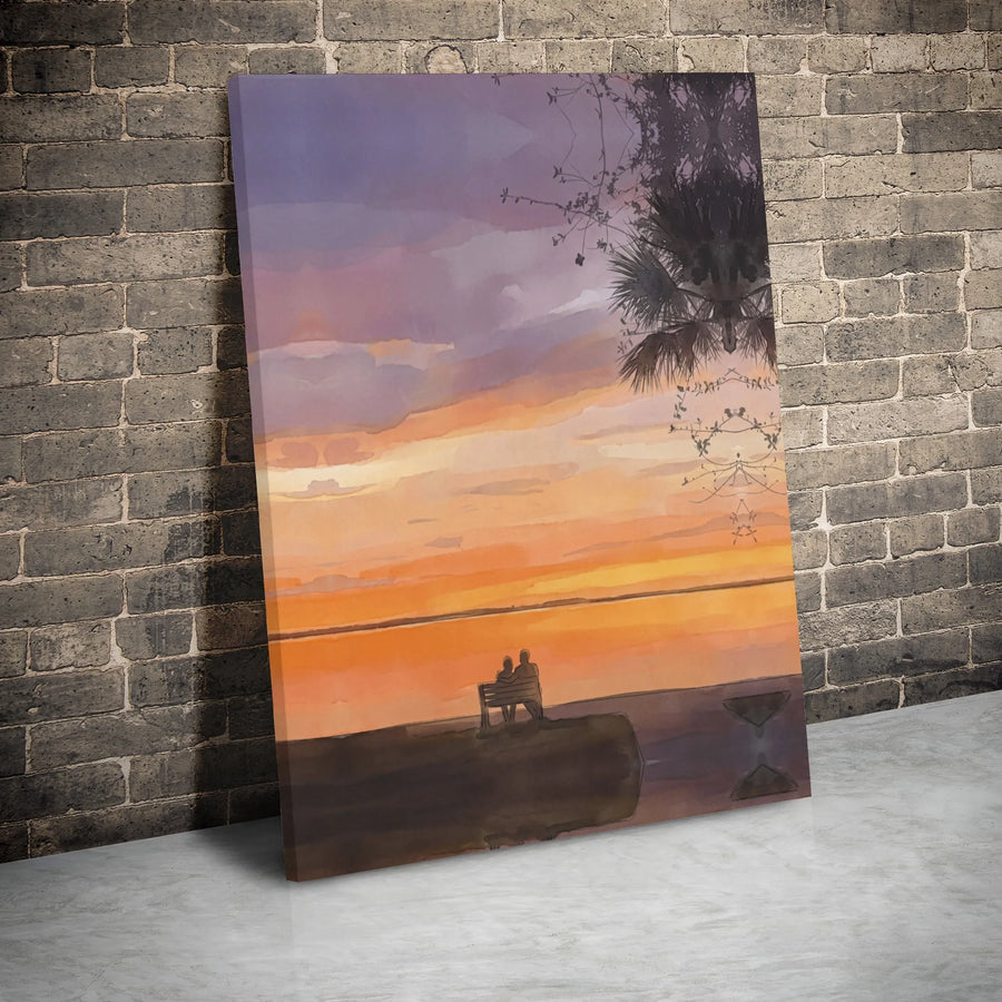 Sunset Beach Couple Canvas Wall Art | Romantic Watercolor Seascape Print | Premium Gallery Wrapped Decor | Anniversary Gift for Couples