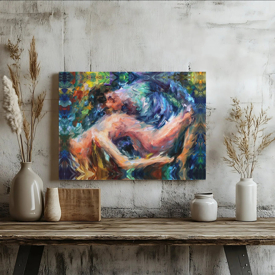 Abstract Lovers Canvas Wall Art | Vibrant Impressionist Couple Painting | Premium Stretched Canvas Print | Modern Romantic Art for Bedroom, Anniversary Gift