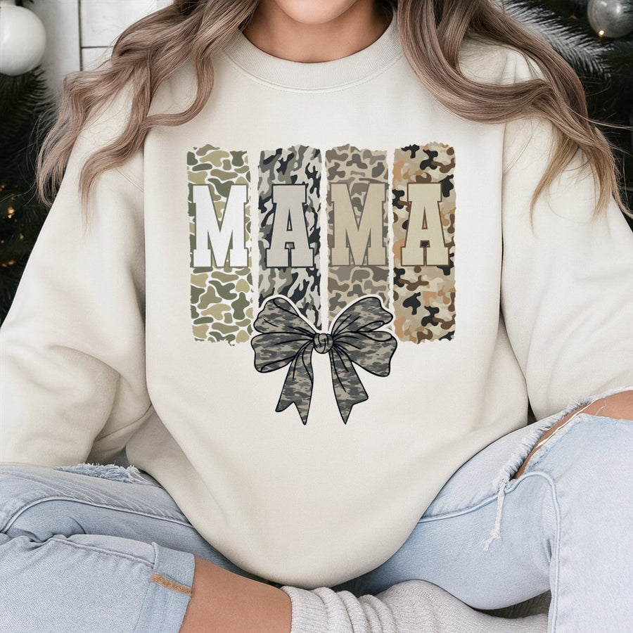 Mama Sweatshirt | Camo Coquette Bow Print | Premium Cotton Blend Crewneck | Trendy Mother's Day 2026 Gift for Mom