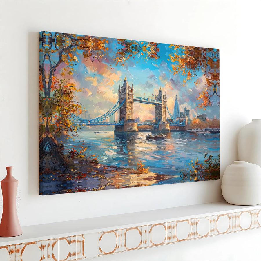 London Tower Bridge Canvas Wall Art | Impressionist Autumn Landscape | 1.25" Gallery Wrap | Premium Home Decor Gift