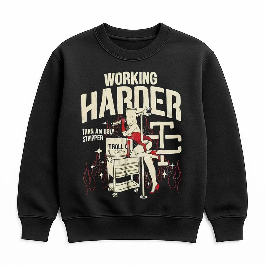 Funny Mechanic Sweatshirt | Retro 'Working Harder' Graphic | Premium Cotton Blend | Gift for Mechanics & Blue Collar Workers