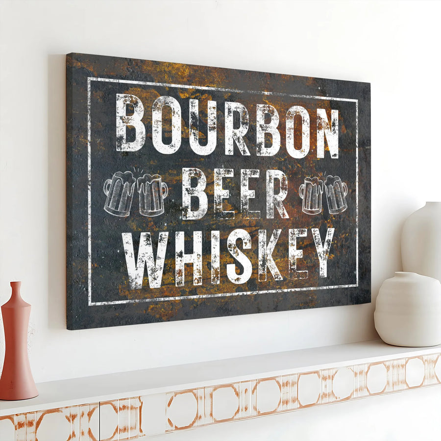 Bourbon Beer Whiskey Canvas Wall Art | Rustic Industrial Bar Sign | Premium Gallery Wrap Decor | Gift for Man Cave or Home Pub