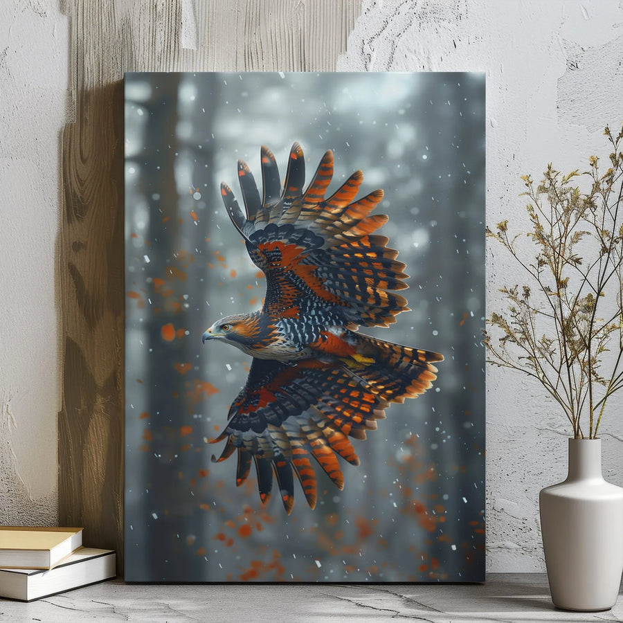 Hawk Canvas Wall Art | Snowy Forest Bird Of Prey Portrait | Gallery Wrap Premium Print | Wildlife Home Decor Gift For Nature Lovers