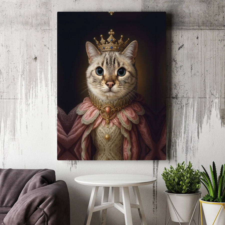 Royal Queen Tabby Cat Portrait Canvas | Regal Pet Wall Art in Pink Gown | Premium Gallery Wrapped Decor | Unique Gift for Cat Lovers