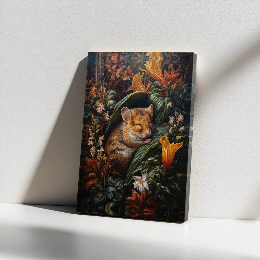 Sleeping Mouse Canvas Wall Art | Whimsical Forest Creature Floral Print | Premium Gallery Wrapped Decor | Cottagecore Nature Lover Gift