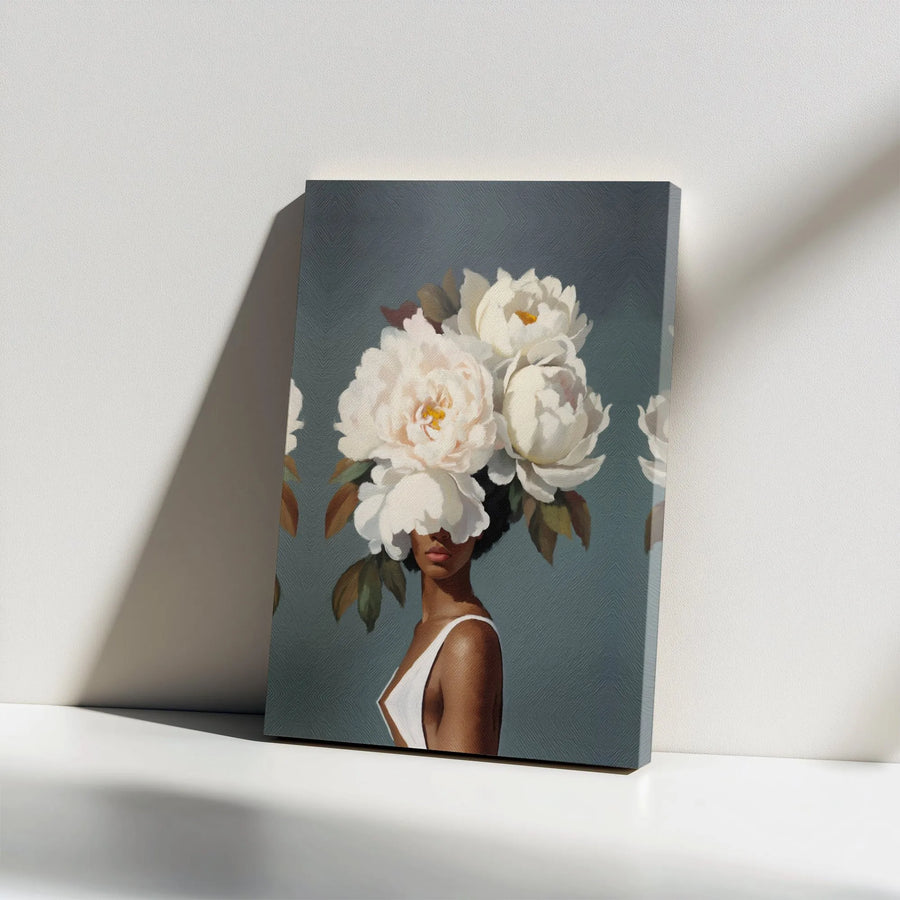 Black Woman Floral Canvas Print | Abstract Peony Head Portrait | Premium Gallery Wrapped Wall Art | Modern Botanical Home Decor Gift