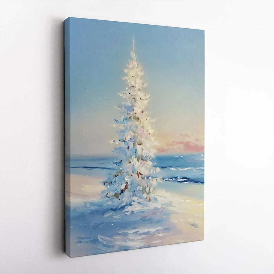 White Christmas Tree Canvas Wall Art | Impressionist Snowy Beach Print | Gallery-Quality Premium Decor | Coastal Holiday Gift for Home