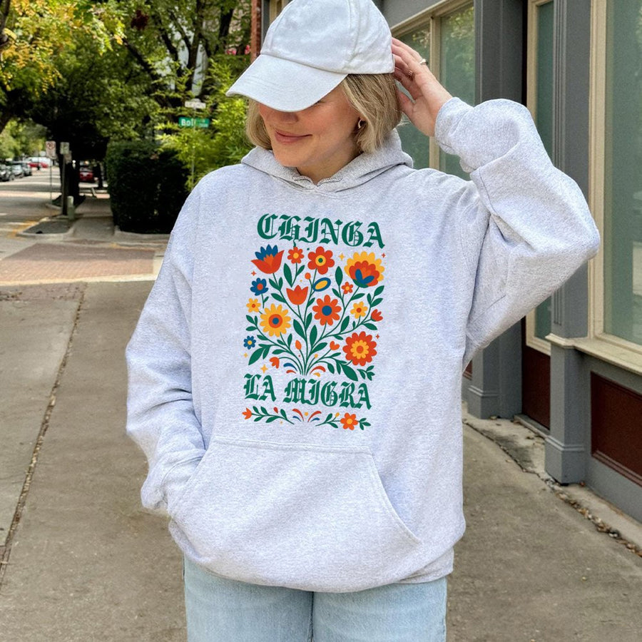 Chinga La Migra Hoodie | Floral Folk Art Graphic Design | Premium Cotton Blend | Social Justice Protest Gift for Activists