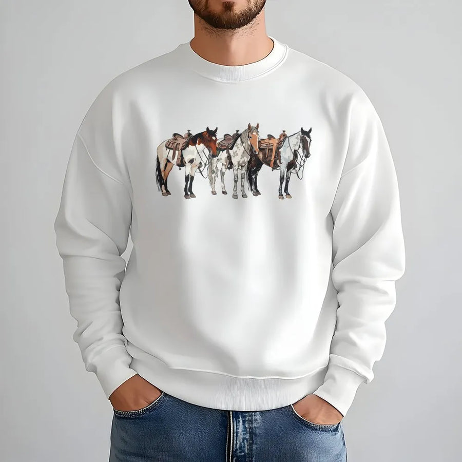 Western Horse Sweatshirt | Realistic Saddled Horse Graphic | Premium Cotton Blend | Gift for Cowgirl, Rancher & Rodeo Lover