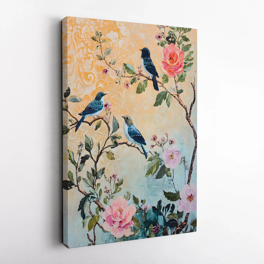 Blue Bird Canvas Wall Art | Vintage Floral Botanical Print with Pink Peonies | Premium 1.25-Inch Gallery Wrap | Elegant Nature Home Decor Gift