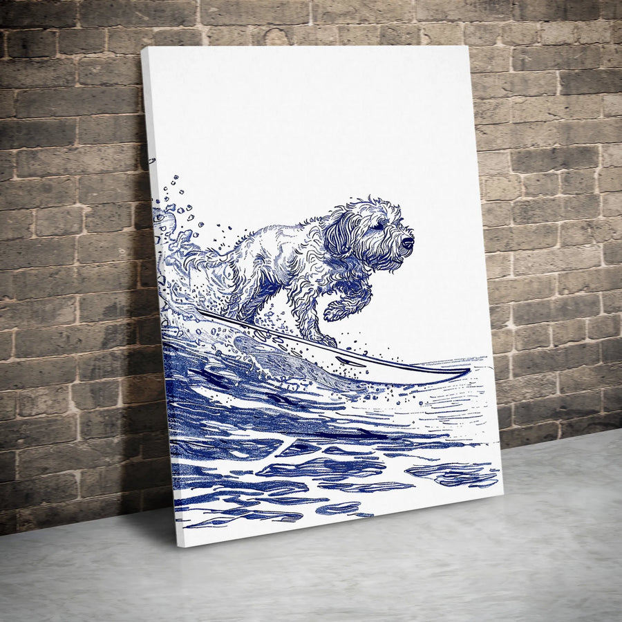 Surfing Dog Canvas Wall Art | Minimalist Doodle Sketch Print | Premium Gallery Wrapped Canvas | Gift for Dog Owner, Coastal Home Decor