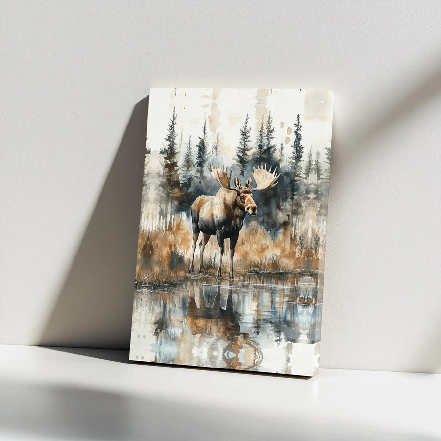 Moose Canvas Wall Art | Watercolor Forest Landscape with Reflection | Premium Fade-Resistant Print | Rustic Cabin Decor Gift for Nature Lovers