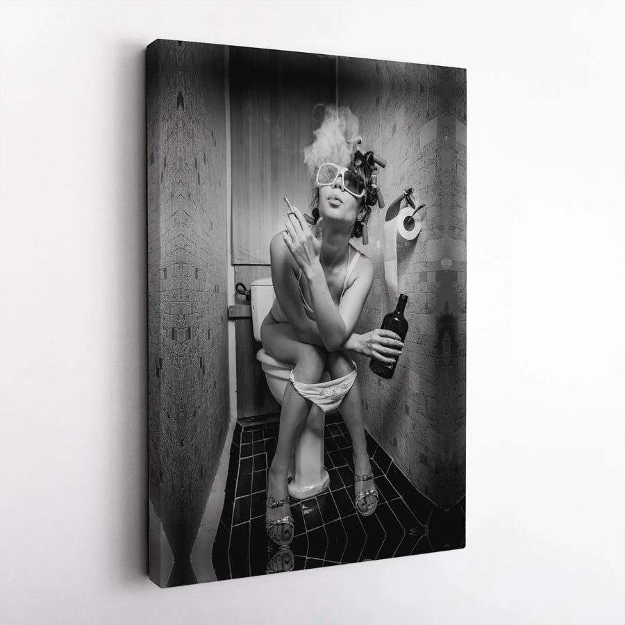 Funny Bathroom Wall Art | Smoking Woman in Hair Curlers Print | Premium Gallery Wrapped Canvas | Edgy Home Decor Gift for Man Cave
