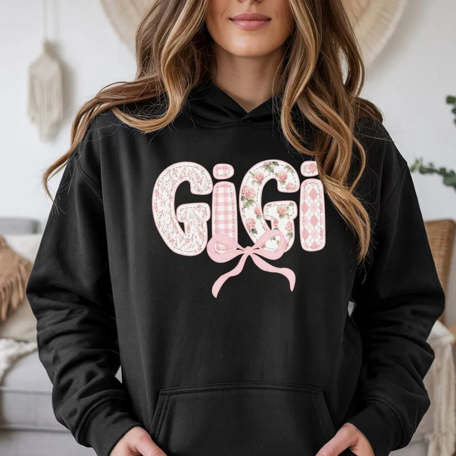 Gigi Hoodie | Pink Floral Applique Style Letters | Soft Cotton Blend | Premium Mother's Day Gift for New Grandma