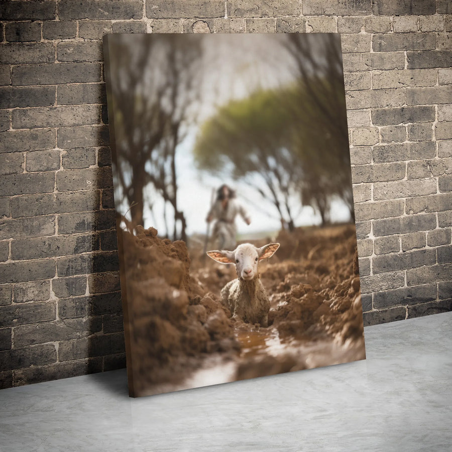 Jesus The Good Shepherd Wall Art | Lost Lamb Rescued from Mud Portrait | Premium Gallery Wrap Canvas | Christian Home Decor Gift for Believers