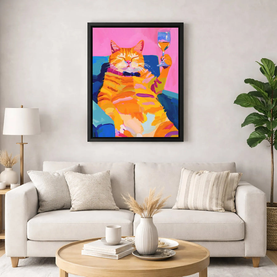 Orange Cat Canvas Art | Whimsical Ginger Cat Drinking Wine Oil Painting | Premium Gallery Wrap Wall Decor | Funny Animal Lover Gift