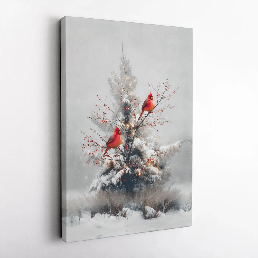 Red Cardinal Wall Art | Snowy Christmas Tree With Winter Berries | Premium Gallery Wrapped Canvas | Holiday Home Decor Gift
