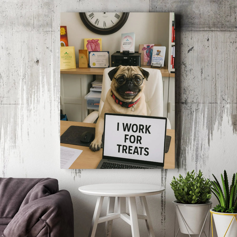 Funny Pug Office Wall Art | I Work For Treats Dog Laptop Print | 1.25 Inch Gallery Wrap Canvas | Unique Gift For Dog Lovers Or Coworkers