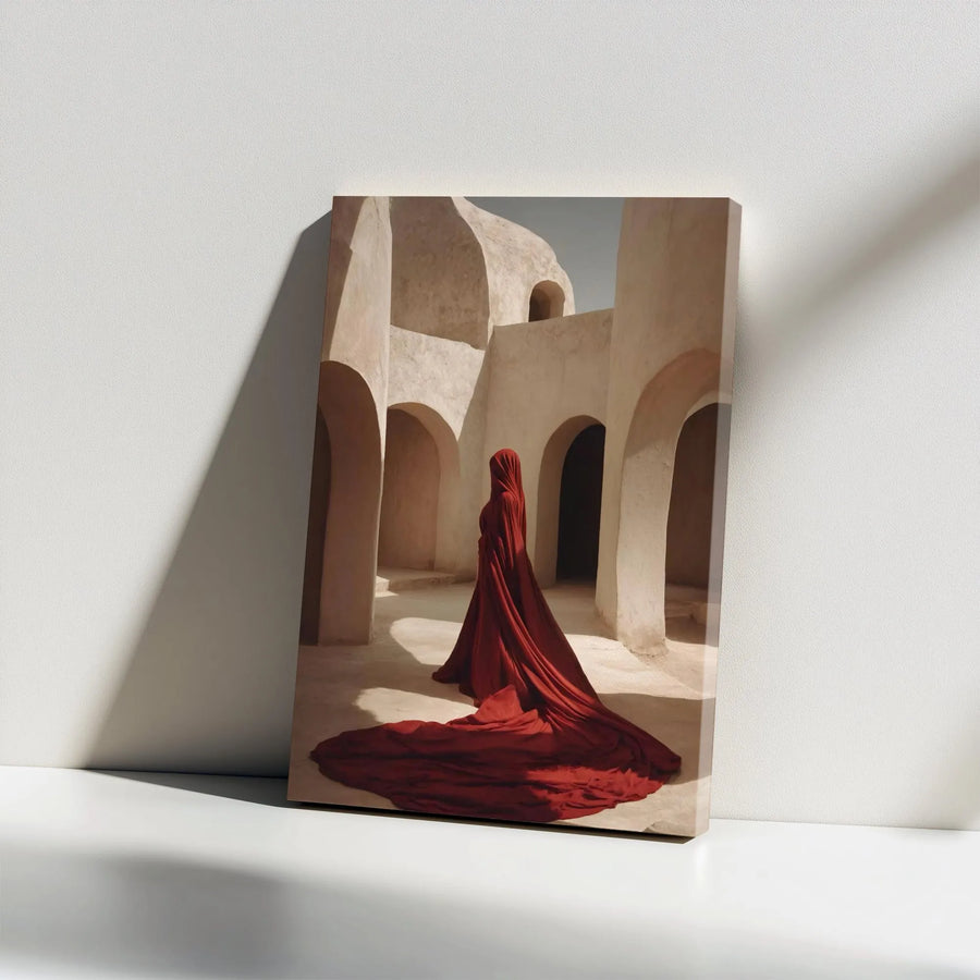 Mysterious Red Robe Vertical Canvas | Surreal Architectural Wall Art | Premium Gallery Wrap Canvas | Modern Minimalist Home Decor Gift