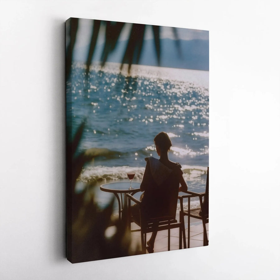 Seaside Woman With Wine Glass Canvas Wall Art | Sparkling Sunset Ocean View | Premium 1.25" Gallery Wrap | Relaxing Coastal Home Decor Gift