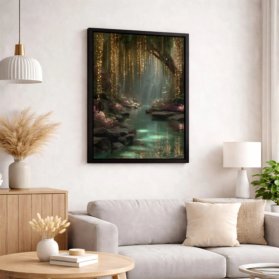 Enchanted Forest Canvas Print | Glowing Fairy Light River Landscape | Premium Gallery Wrapped Wall Art | Magical Nature Home Decor Gift