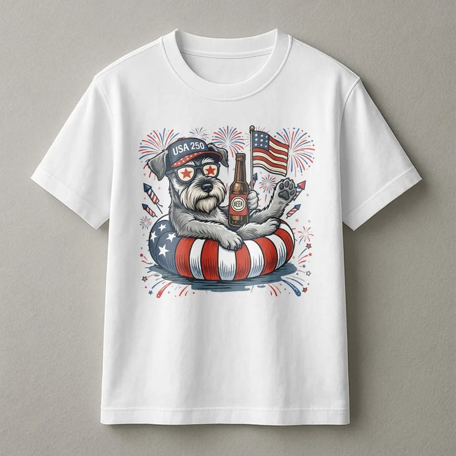 USA 250th Anniversary T-Shirt | Patriotic Schnauzer with American Flag | Soft Cotton Graphic Tee | 4th of July Gift for Dog Lover