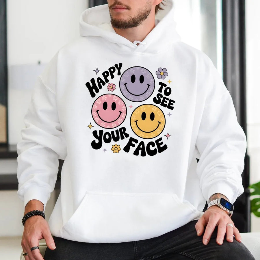 Happy Face Teacher Hoodie | Retro Smiley Face Graphic Tee | Soft 100% Cotton | Back to School Gift for Teachers