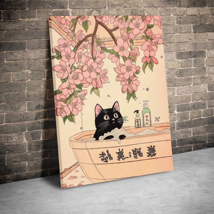 Black Cat Wall Art | Japanese Ukiyo-e Style Cherry Blossom Bathtub Print | Gallery Wrapped Canvas | Unique Home Decor Gift for Cat Lovers
