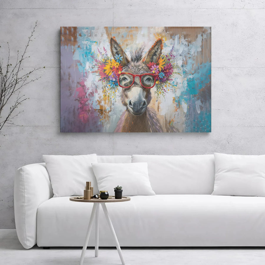 Donkey Wall Art Canvas | Whimsical Animal Portrait With Red Glasses And Flower Crown | Premium Gallery Wrap | Unique Farmhouse Home Decor Gift