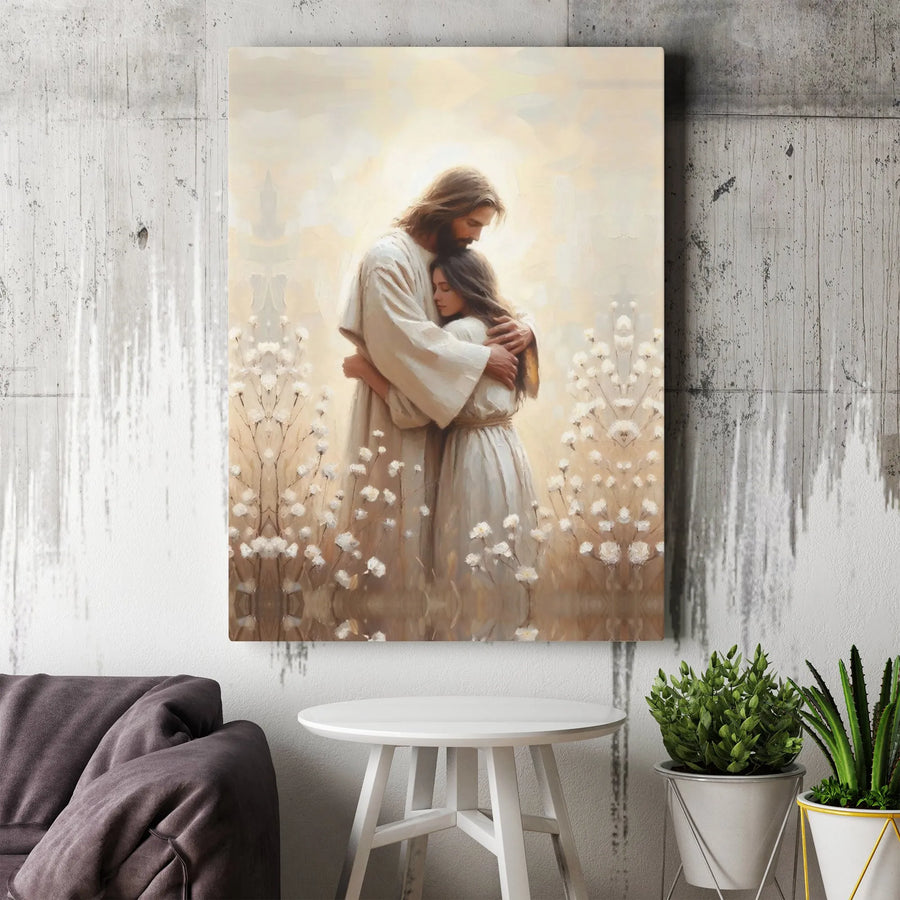 Jesus Embracing Woman Canvas Wall Art | Emotional Religious Portrait | Premium Gallery-Wrapped Print | Spiritual Home Decor Gift
