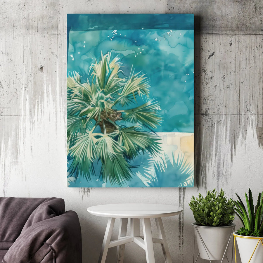 Teal Palm Tree Wall Art | Watercolor Coastal Tropical Decor | 1.25-Inch Premium Gallery Canvas | Beach House Living Room Decor Gift