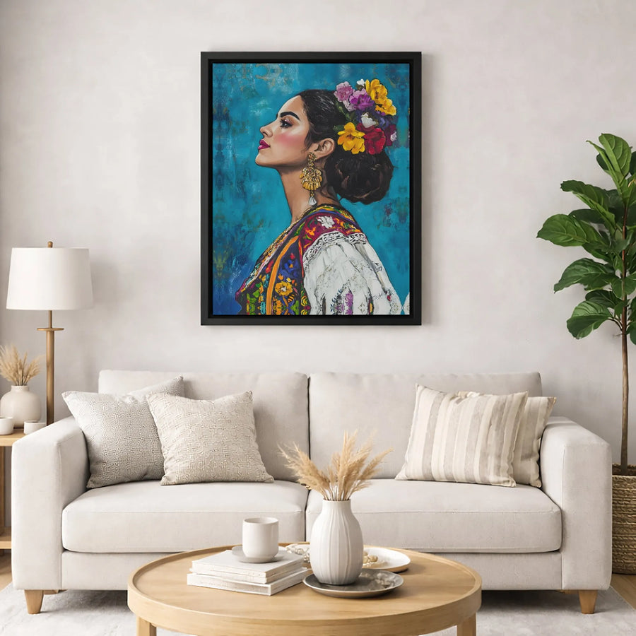 Hispanic Woman Wall Art | Floral Crown Portrait Canvas | Premium Gallery Wrap Print | Cultural Home Decor Gift for Her