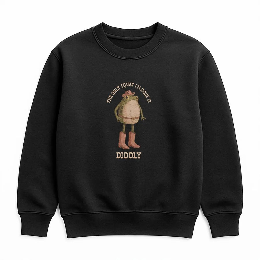 Funny Cowboy Frog Sweatshirt | The Only Squat Is Diddly Quote | Soft Graphic Sweatshirt | Sarcastic Western Humor, Lazy Gym Gift