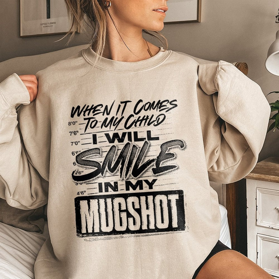 Smile In My Mugshot Sweatshirt | Funny Proud Parent Graphic | Soft Cotton Blend Crewneck | Humorous Gift For Dad or Mom