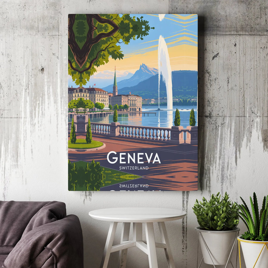 Geneva Switzerland Travel Poster | Vintage Jet D'Eau Fountain Art | Premium Gallery-Wrapped Canvas | Swiss City Wall Decor Gift