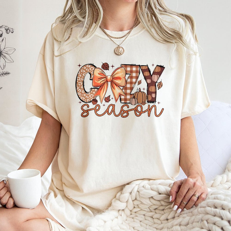 Cozy Season T-Shirt | Fall Pumpkin Aesthetic Graphic Tee | 100% Cotton Premium Comfort | Cute Thanksgiving Bow Outfit For Women