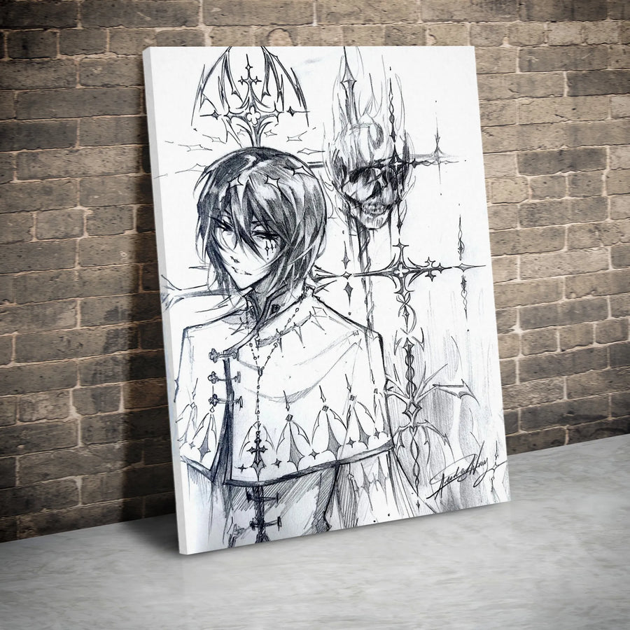 Gothic Anime Canvas Print | Dark Fantasy Sketch with Crowned Skull | Premium Gallery-Wrapped Wall Art | Emo Aesthetic Home Decor Gift for Him