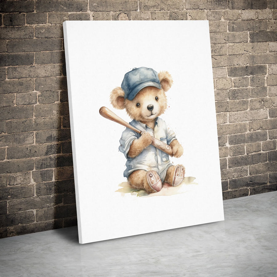Watercolor Baseball Teddy Bear Canvas Art | Cute Sports Nursery Wall Decor | Premium 1.25" Gallery Wrap | Perfect Gift for Baseball Fans