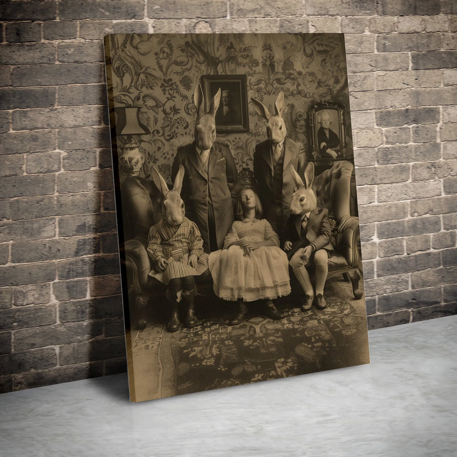 Surreal Rabbit Family Portrait Canvas | Vintage Gothic Wall Art | Premium 1.25 Inch Gallery Wrap | Unique Home Decor Gift