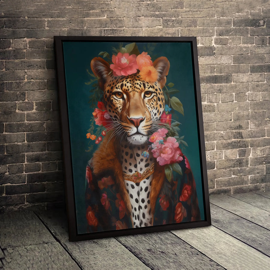 Leopard Portrait Canvas Art | Botanical Flower Crown & Floral Jacket Print | Premium Gallery-Wrapped Wall Decor | Statement Gift for Animal Lovers