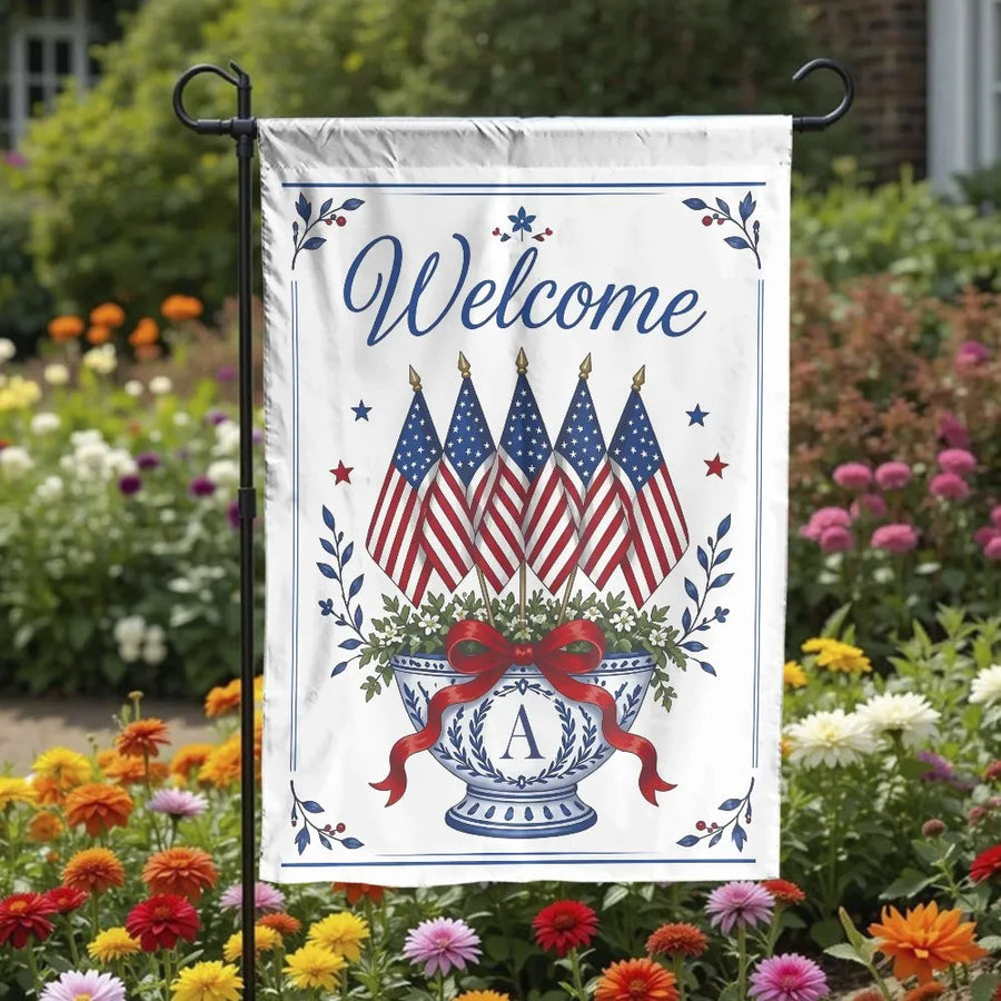 Patriotic Chinoiserie Welcome Garden Flag | American Flags in Blue and White Monogram Vase | Double Sided Premium Polyester | Memorial Day 4th of July Outdoor Yard Gift