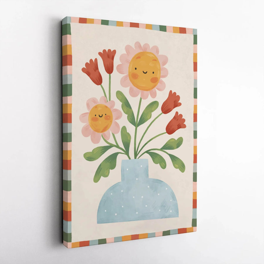 Smiling Flower Canvas Wall Art | Whimsical Floral Daisies and Tulips Illustration | Premium Gallery Wrapped Decor | Colorful Aesthetic Nursery Gift