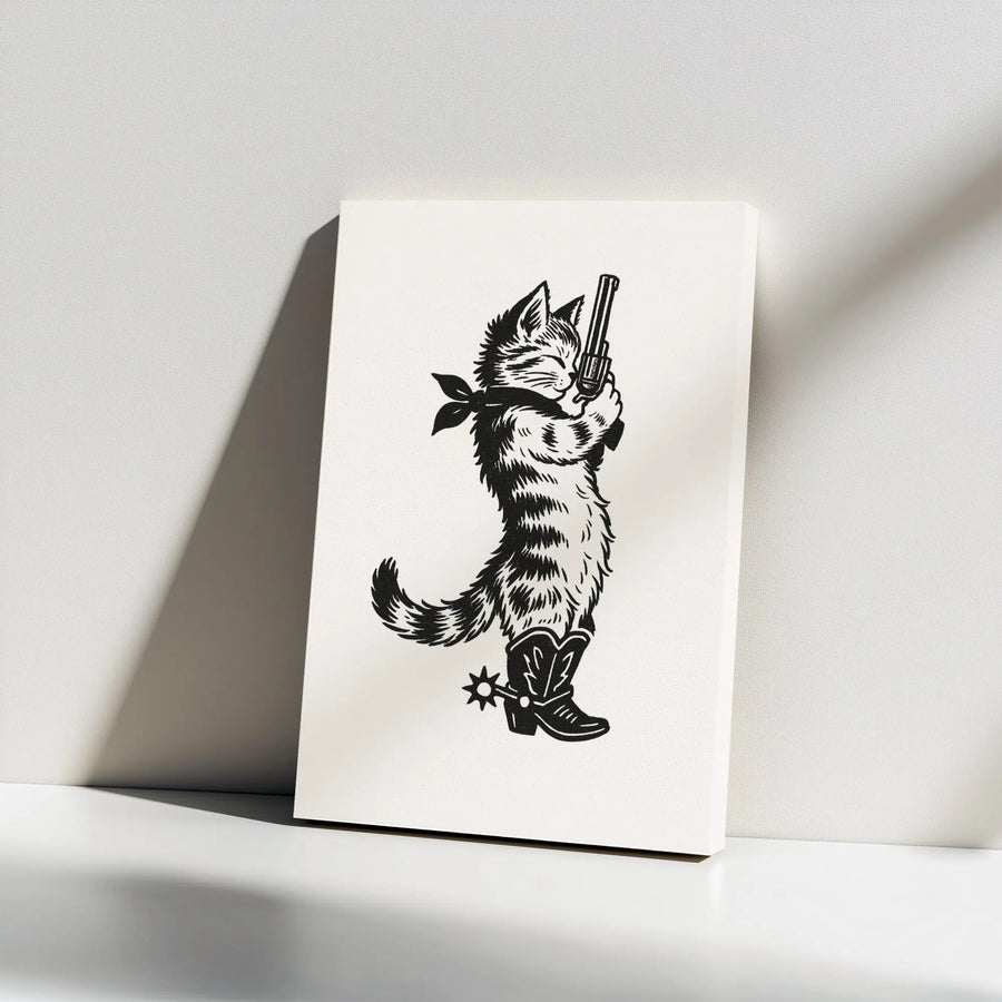 Cowboy Cat Wall Art | Western Kitten with Revolver and Boots | Gallery Wrap Canvas Print | Quirky Home Decor Gift
