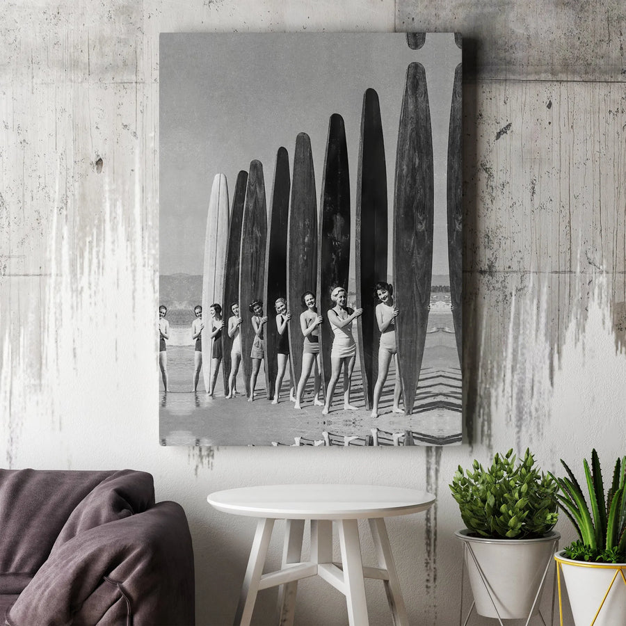 Vintage Surf Girls Canvas Print | Black and White Beach Photography | 1.25 Inch Gallery Wrap | Mid-Century Surf Culture Gift for Surfers