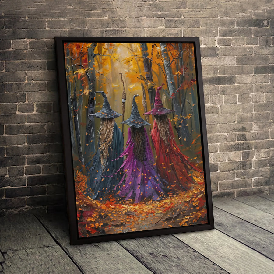 Three Witches Wall Art | Autumn Forest Impressionist Painting | Premium Fade-Resistant Canvas | Gothic Home Decor Gift