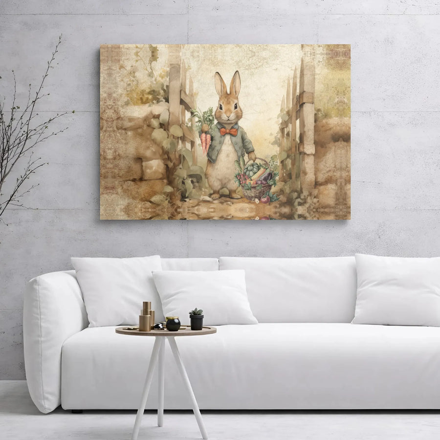 Vintage Bunny Canvas Wall Art | Whimsical Rabbit with Garden Basket Print | Premium Gallery Wrap Decor | Nursery & Cottagecore Home Gift